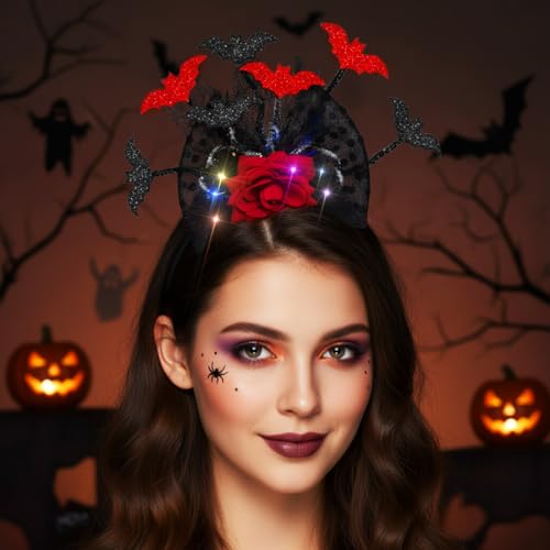 Woeoe Gothic Halloween Flower Headband with Red Roses and Bats