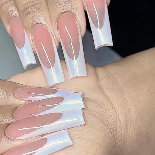 MABKJLF Long Coffin Press on Nails - French Tip Pink False Acrylic Nails