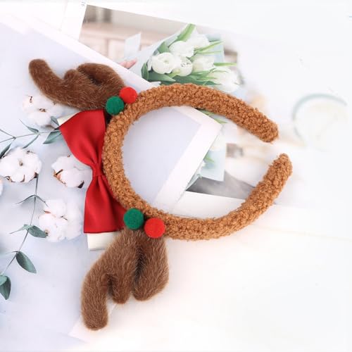 GAFATORY Christmas Reindeer Antlers Headband with Red Bow for Holiday Parties