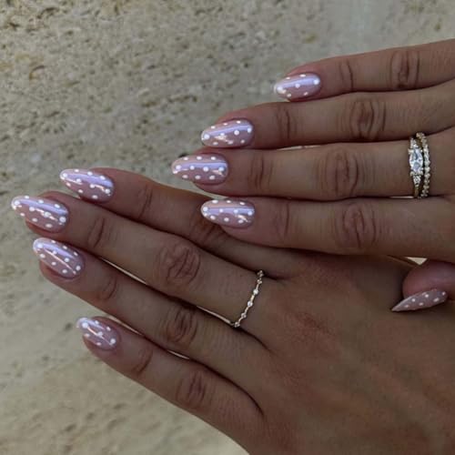 Short Almond White Polka Dot Press on Nails Glossy Fake Nails Kit