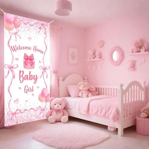 Welcome Baby Girl Door Cover Banner - Pink Bow Coquette Theme Decoration