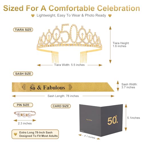 Gold 50th Birthday Decorations Set for Women | Tiara & Sash with Gift Box - SURIOO