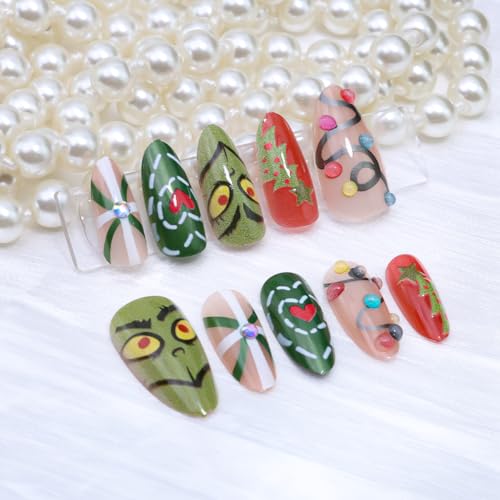Christmas Press on Nails Medium Almond Fake Nails 30Pcs Xmas Rhinestone