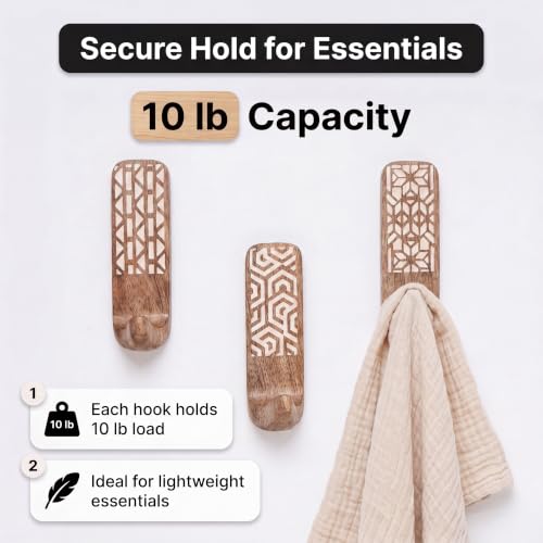 Indian Shelf Geometric Wooden Wall Hooks 3-Pack for Keys & Coats
