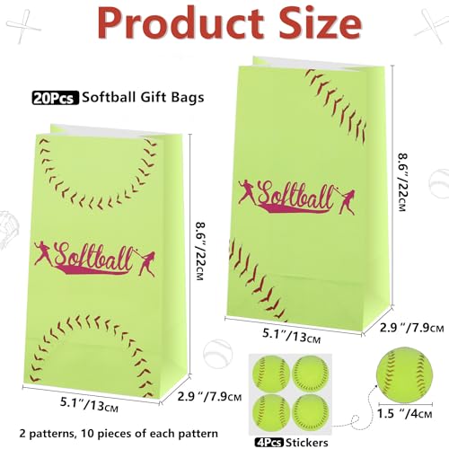 Softball Gift Bags - 20 Pack Party Favor Bags with Stickers