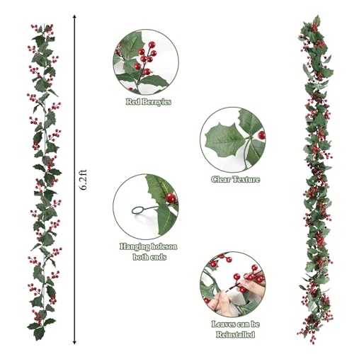 Artificial Christmas Garland with Red Berries and Holly Leaves - 12 Ft, 2 Pack, Holiday Decor