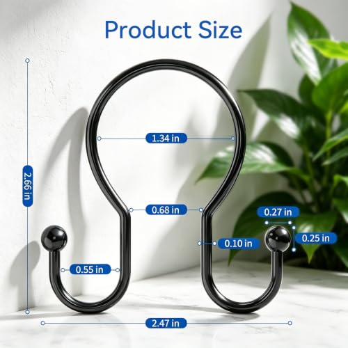 OEH Black Minimalist Double Shower Curtain Hooks - Rustproof Metal Rings, 12 Pcs