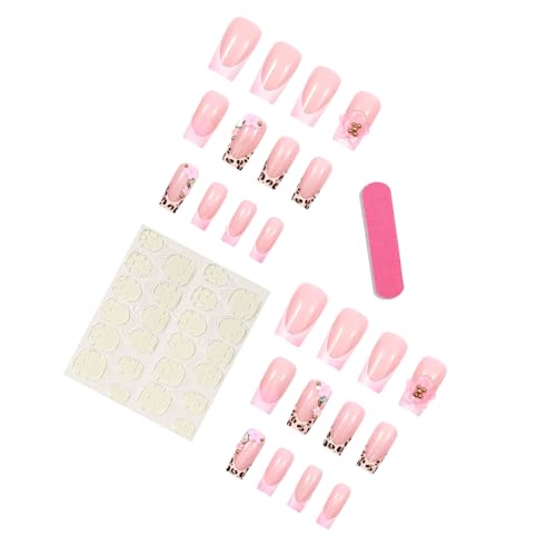 Pink Flower Press on Nails Long Square False Nails 3D Rhinestone