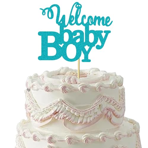 Blue Glitter Welcome Baby Boy Cake Topper for Baby Showers