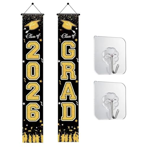 Class of 2026 Graduation Banner - Black and Gold Porch Decoration with Hooks