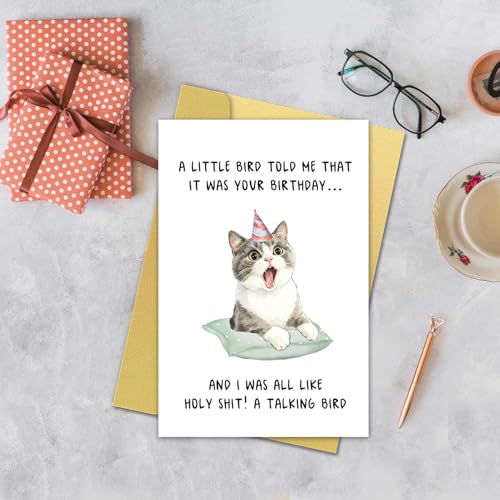 Cute Cat Birthday Card for All Ages - Blank Inside, 8x5.3in