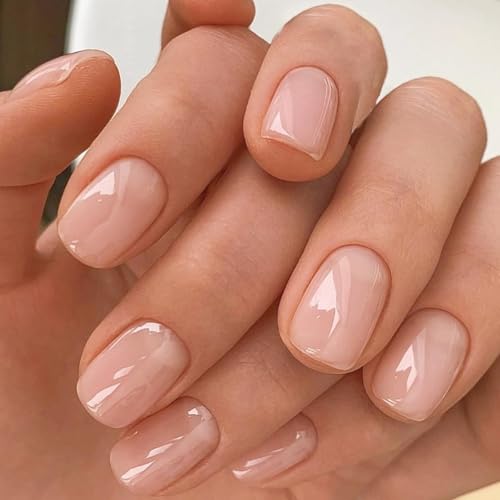 Short Square Press On Nails Glossy Nude Fake Acrylic Nails 48 Pieces