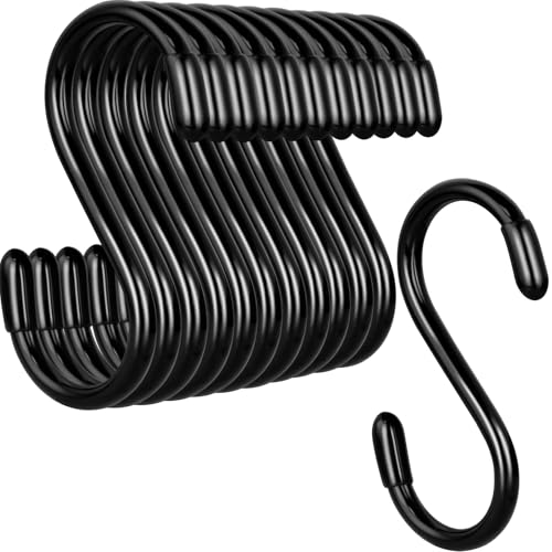 12 Pack Heavy Duty Vinyl Coated 3 Inch S Hooks for Closet, Kitchen & Garden - Black