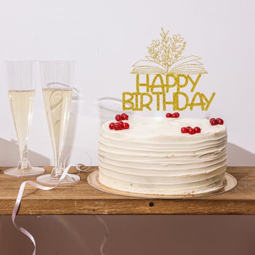 Gold Glitter Reading Happy Birthday Cake Topper for Book Lovers