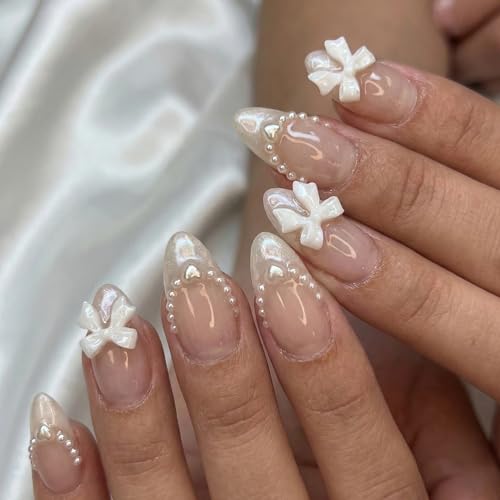 Nude Pink Press On Nails with French Tip & 3D Bow - 24Pcs Medium Almond