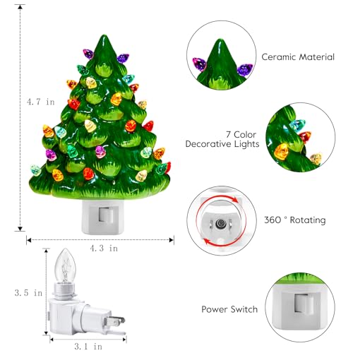 Brightown Ceramic Christmas Tree Night Light - 2 Pack 6" Christmas Decorative Ceramic Tree with ON/Off Switch, Vintage Christmas Night Light for Bedroom Bathroom Porch Holiday Decor