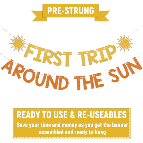 First Trip Around the Sun 1st Birthday Banner - Gold Orange Boho Sunshine
