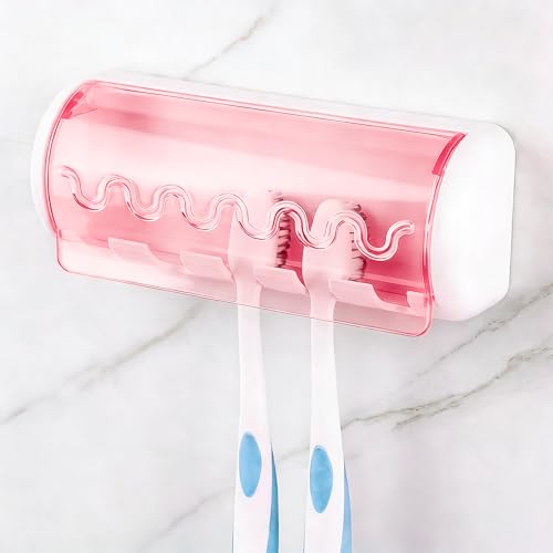 LUEXBOX Self-Adhesive Wall-Mounted Toothbrush Holder with Cover - Pink