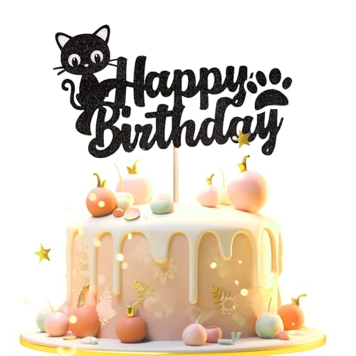 Black Cat Happy Birthday Cake Topper - Glitter Party Decoration