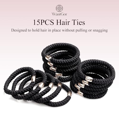 WantGor No Damage Hair Ties 15-Pack Elastic Ponytail Holders Black