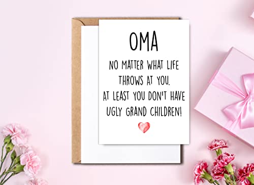 Funny Oma Birthday Card – No Ugly Grandchildren Joke, 5x7