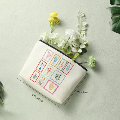 Decohim Boho Floral Postage Stamp Makeup Bag - Cotton Linen Travel Toiletry Pouch