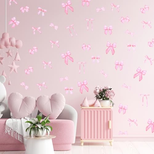 56 Pcs Pink Bow Wall Stickers - Watercolor Aesthetic Decor