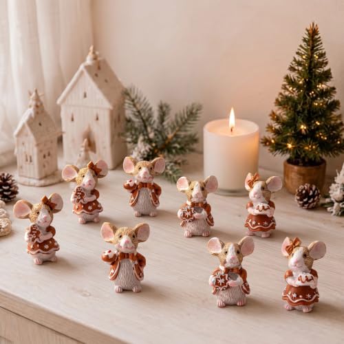 Honoson 12 Pcs Christmas Gingerbread Mouse Figurines - Resin Holiday Decor