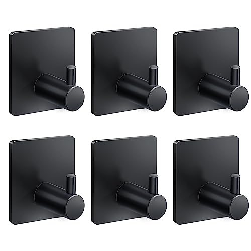 Heavy Duty Adhesive Towel Hooks - 6 Pack, Black Stainless Steel