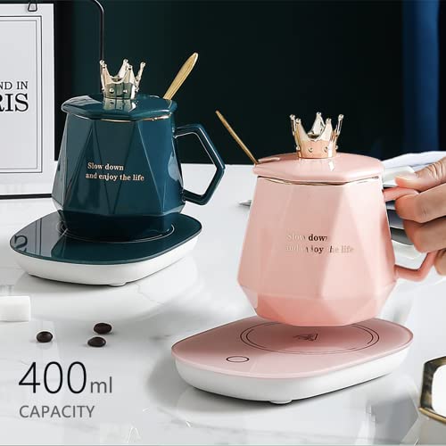 Desk Coffee Warmer with Mug Set - Electric Beverage Heat Plate for Tea Cocoa Milk Pink