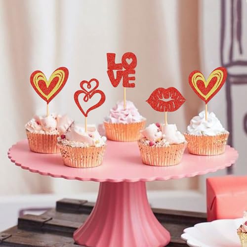 Valentine's Day Glitter Cupcake Toppers 24 Pcs Heart Cake Picks