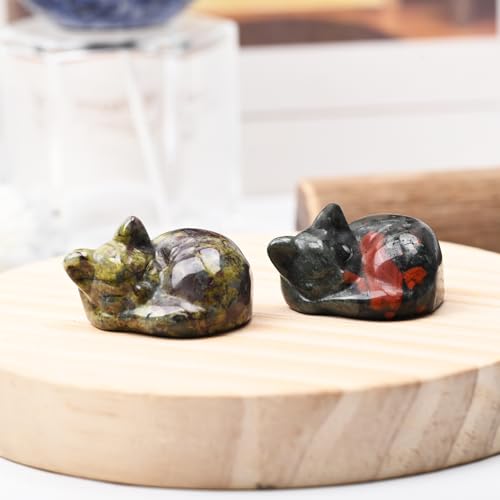 WHAL&YUNE Natural Bloodstone Crystal Cat Figurine, Hand Carved 2-Inch Home Decor Gift