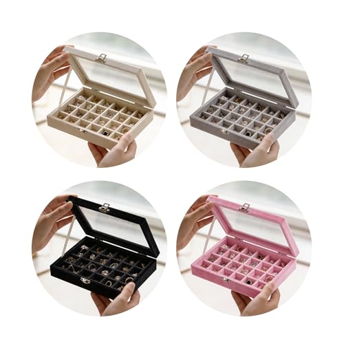 WINDAWNKE 24-Grid Jewelry Organizer Box, Pink Velvet Ring Display Tray