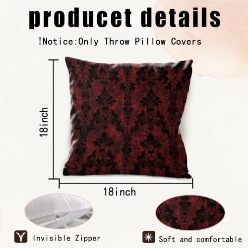 Gothic Damask Floral Throw Pillow Cover 18x18 - Dark Red and Black Vintage