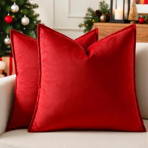 Christmas Red Velvet Throw Pillow Covers Set of 2 22x22 Inches - Holiday Home Decor