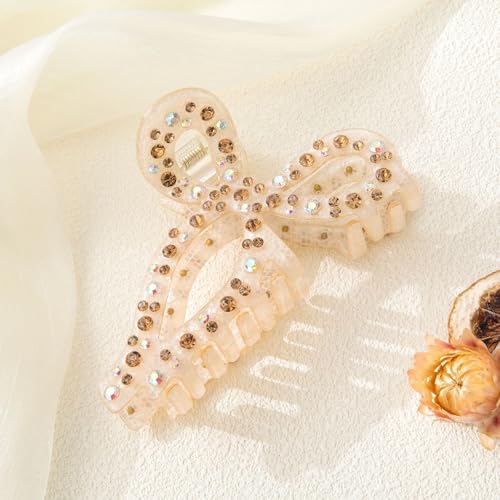 AWAYTR Rhinestone Bow Hair Claw Clip 4.3 Inch for Thick Hair