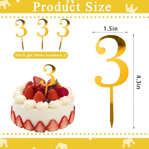 Gold Acrylic Number 3 Cake Topper for Birthdays & Weddings