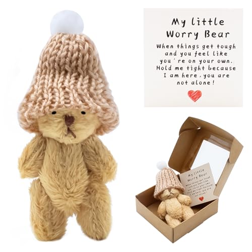 Mini Brown Worry Bear with Hat in Gift Box with Encouragement Card