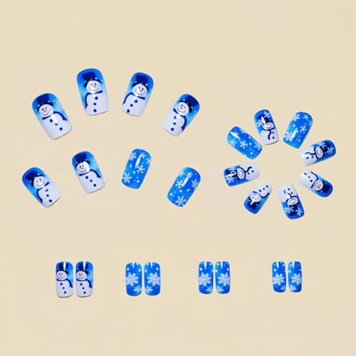 Christmas Press On Nails Medium Square Snowflake Snowman Design