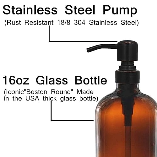 Amber Glass Soap Dispenser with Stainless Steel Pump - 16oz
