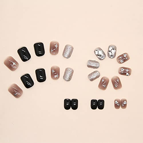 Onsdag Short Square Press on Nails with Rhinestones & Glitter Charm (24 Pcs)