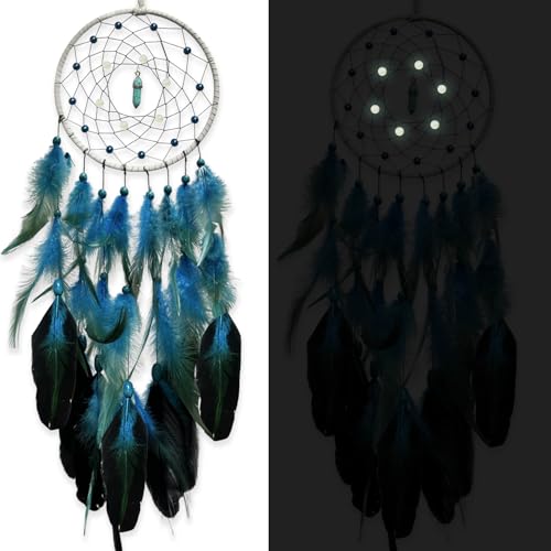 Blue Glow in the Dark Dream Catcher with Turquoise Gem - Handmade Wall Decor for Kids