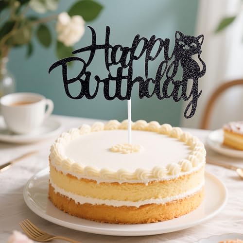 Cat Themed Birthday Cake Topper - Glitter Happy Birthday Decoration