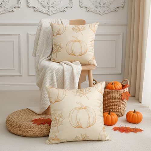 Faylapa Set of 2 Beige Fall Pillow Covers 18x18 Inch for Thanksgiving