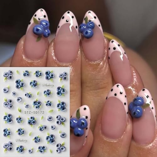 5D Flower Nail Art Stickers - Cherry & Blueberry Self-Adhesive Decals (2 Sheets)