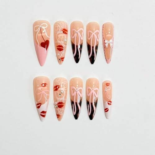 Valentine Press on Nails Long Almond Heart False Nails 24 Pcs