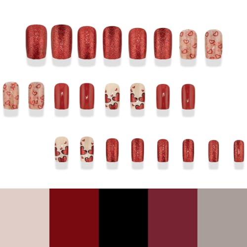 Valentine Square Press on Nails Red Glitter Heart Acrylic Fake Nails