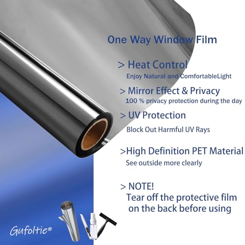 Gufoltie One Way Privacy Window Film, Heat Control Mirror Tint, 17.5" x 78.7"