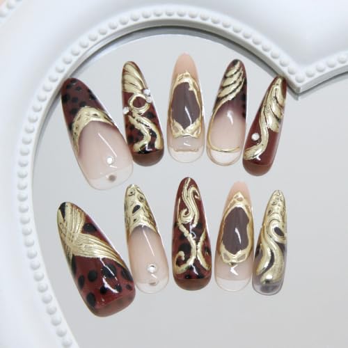 Long Almond French Tip Press on Nails Chrome Gold Leopard Print False Nails