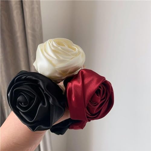 Sluswallow Wine Red Silk Satin Rose Flower Hair Scrunchie Ponytail Holder
